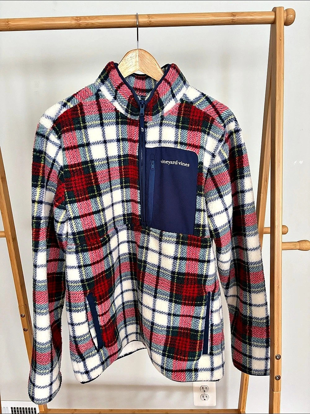 vineyard vines Sherpa Plaid Quarter-Zip Pullover Red & White Medium